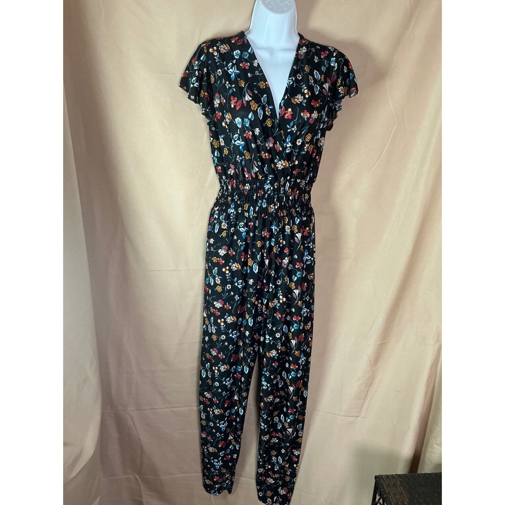 Auline Jumpsuit Womens L/XL Black Excellent Floral Flutter Sleeve J6321